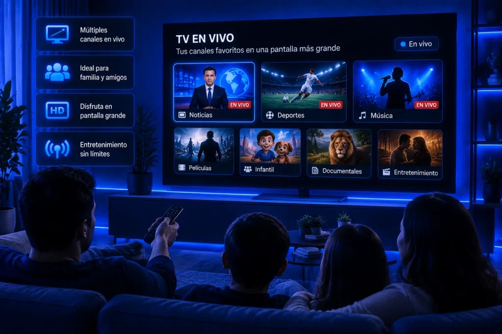 TV Xuper TV con canales en vivo mostrados en una pantalla de televisión grande