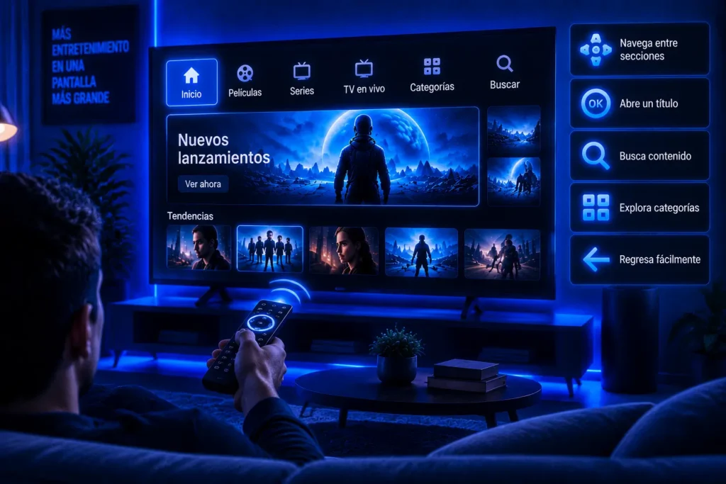 TV Xuper TV en TV con navegación mediante control remoto para buscar y abrir contenido