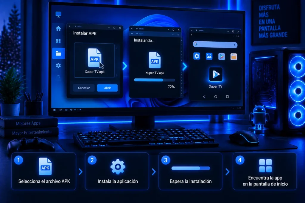 PC Xuper TV APK instalado dentro de un emulador Android en Windows