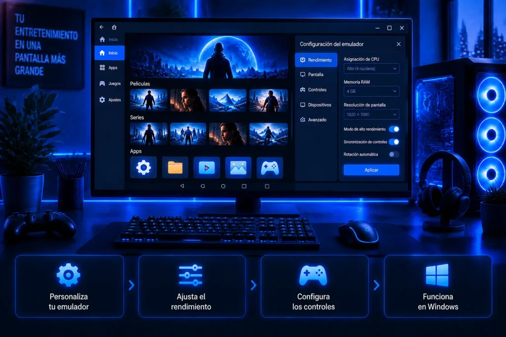 PC MEmu Play ejecutando Xuper TV en Windows con opciones de configuración del emulador