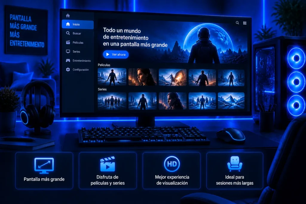PC Xuper TV en PC mostrando películas y series en una pantalla grande
